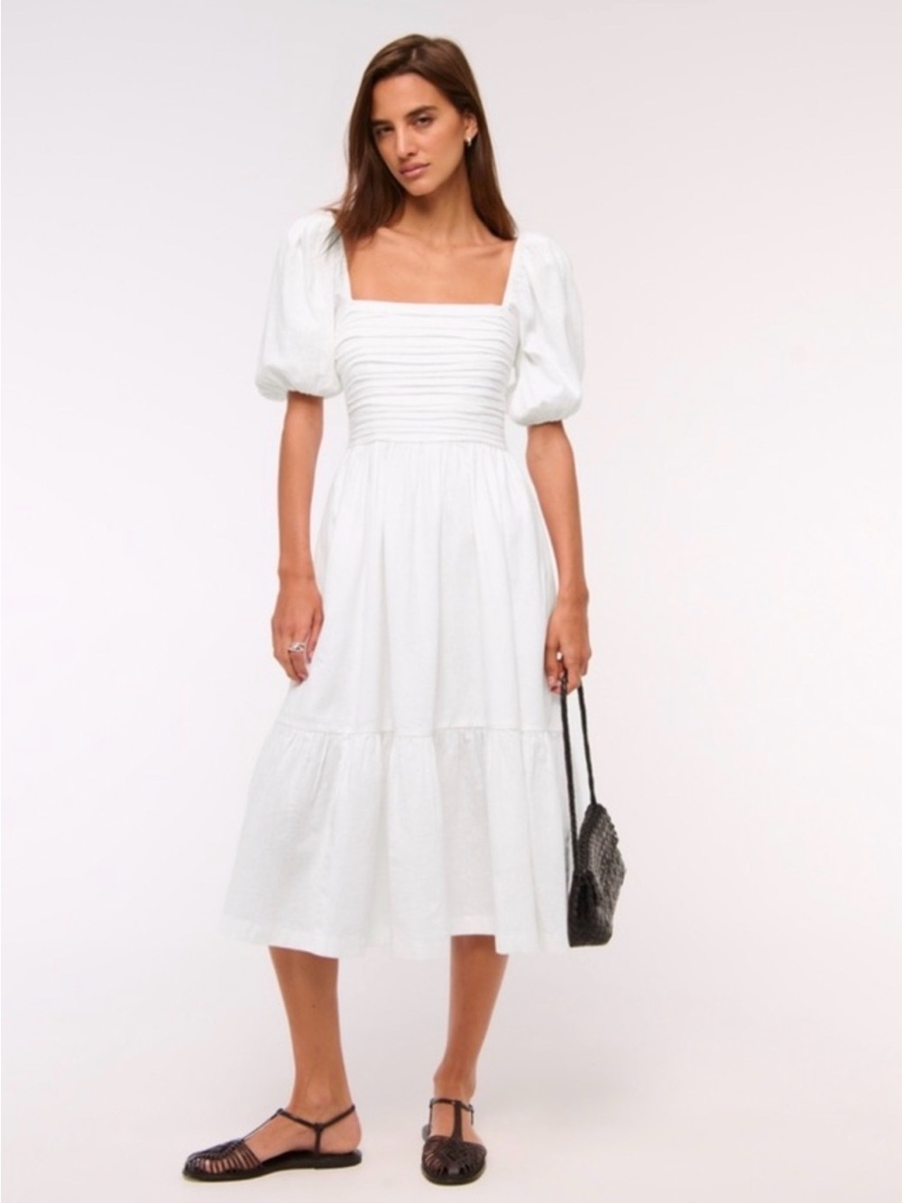 New Abercrombie & Fitch White Puff Sleeve Midi Dress